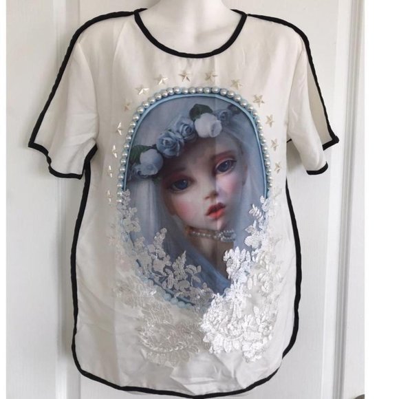 Harajuku Chiffon Blouse Top Dollfie Face Anime T-shirt with Faux Pearl Beads - Picture 1 of 4